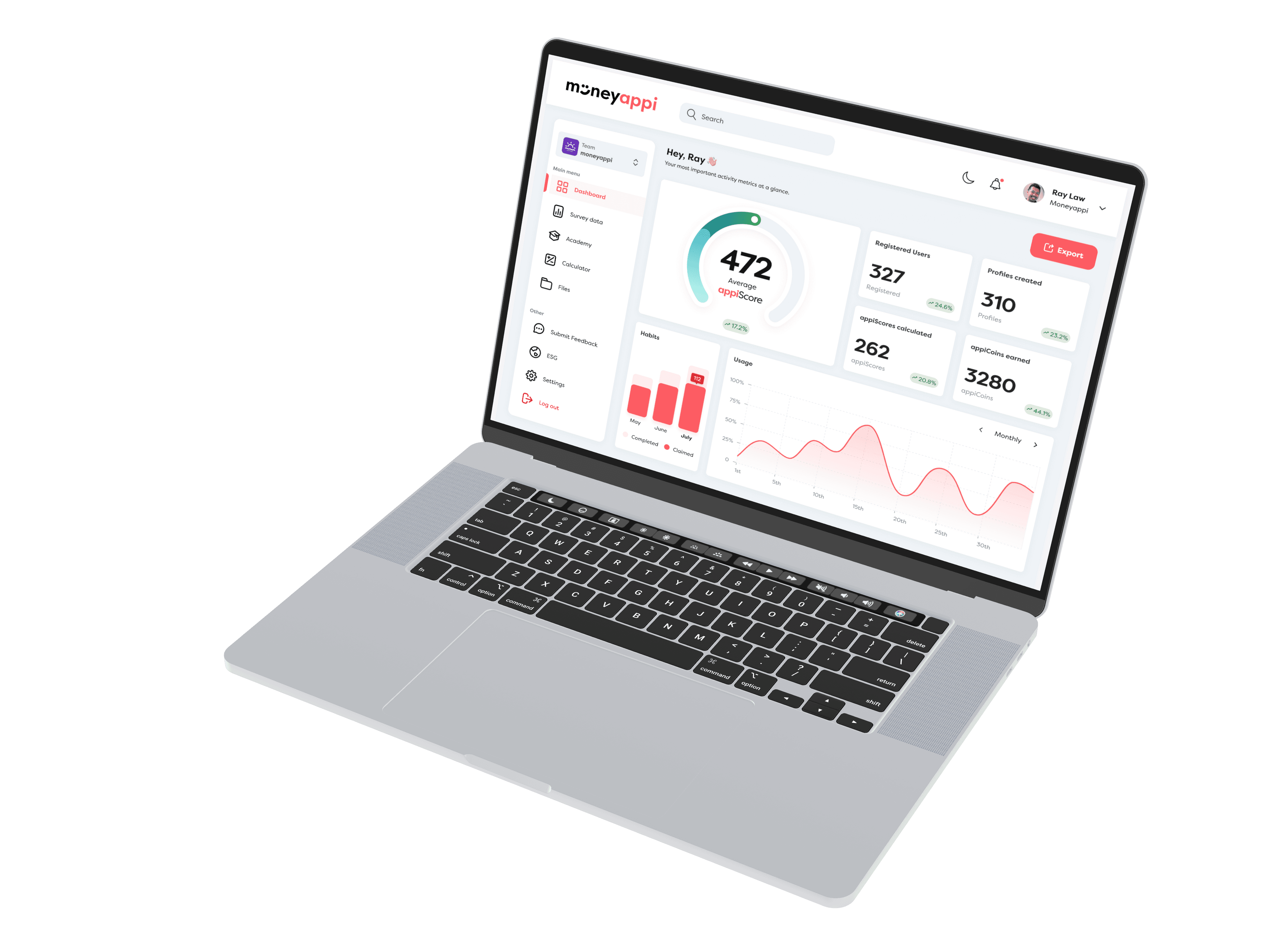 Laptop displaying MoneyAppi dashboard